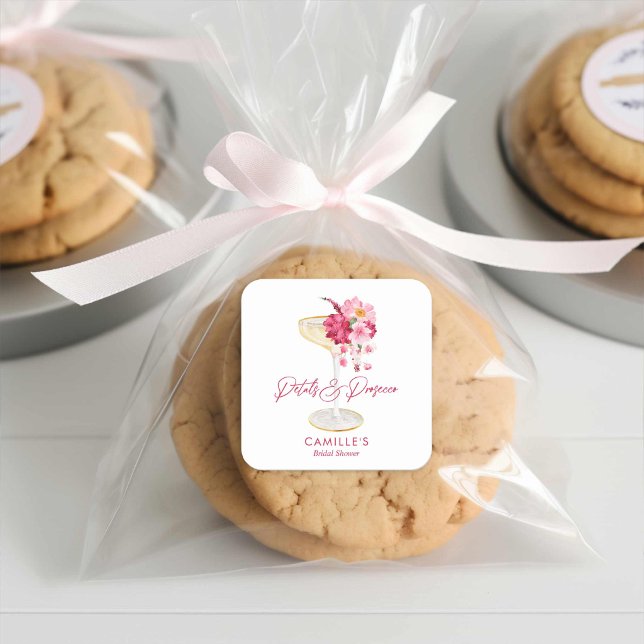Kronblad och Prosecco Blommig Bröllopsfest Förmån Fyrkantigt Klistermärke (Champagne Pink Floral Bridal Shower Favor Stickers)