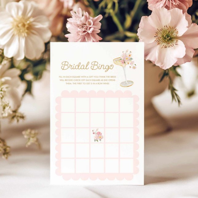 Kronblad och Prosecco Bröllsbongospelkort (Pink Petal and Prosecco Bridal Bingo Game Card
)