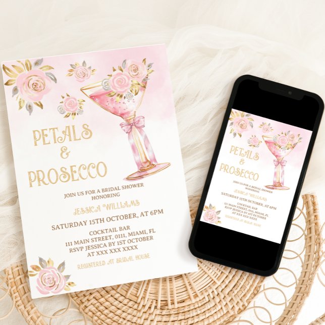 Kronblad och Prosecco Elegant Blommig Bröllopsdusc Inbjudningar (Skapare uppladdad)