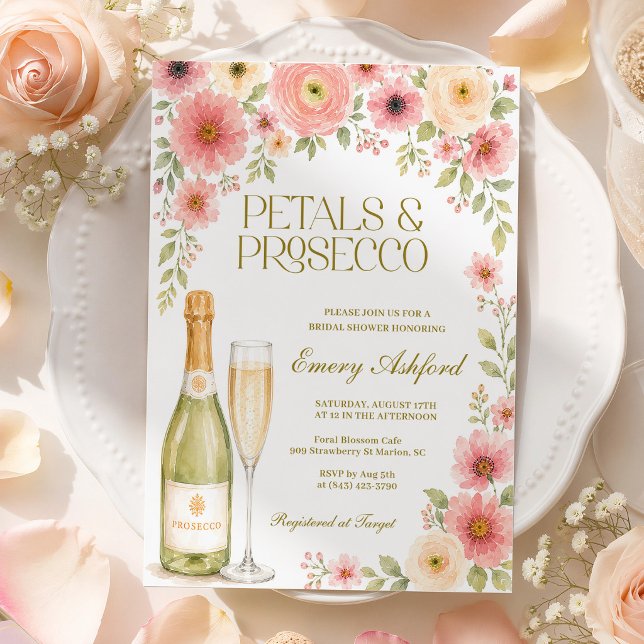 Kronblad och Prosecco Rosa Blommig Bröllopsfest Inbjudningar (Skapare uppladdad)