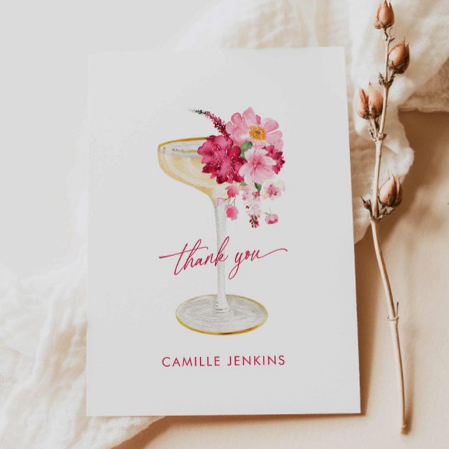 Kronblad och Prosecco Rosa Bröllopsdusch Tack Kort (Petals and Prosecco Bridal Shower Pink floral thank you card)