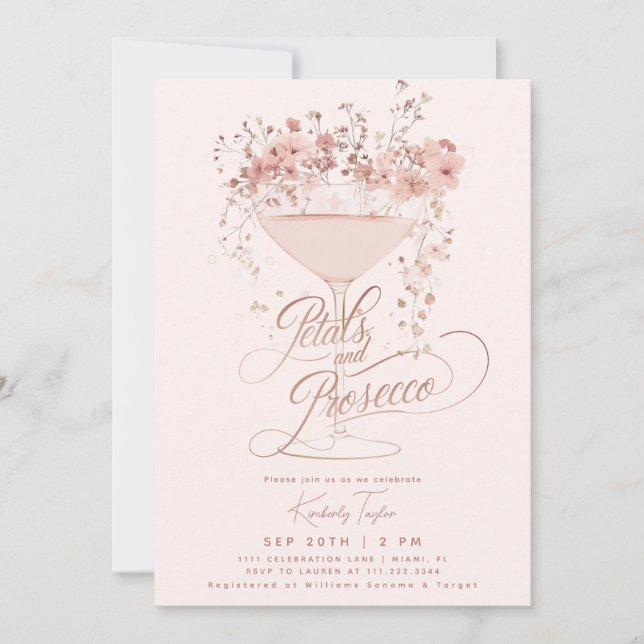 Kronblad Och Prosecco Rosa Vilda Blommor Bröllopsd Inbjudningar (Framsida)
