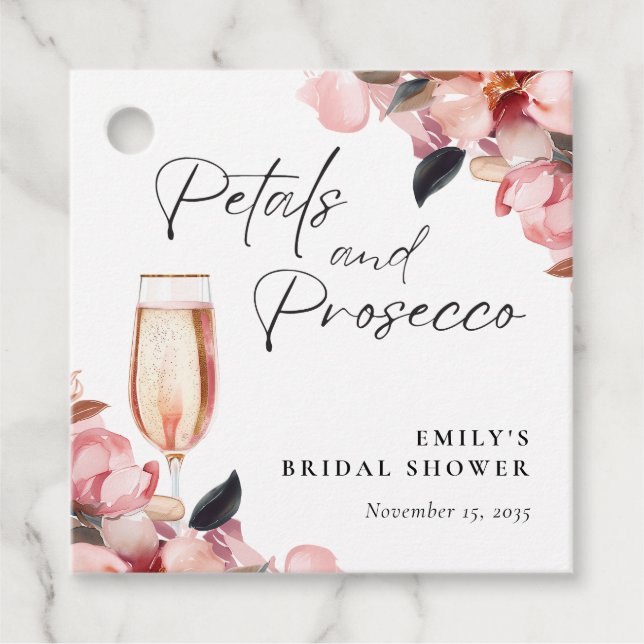 Kronblad & Prosecco Blommig Bröllopsdusch Gåvor Etiketter (Framsida)