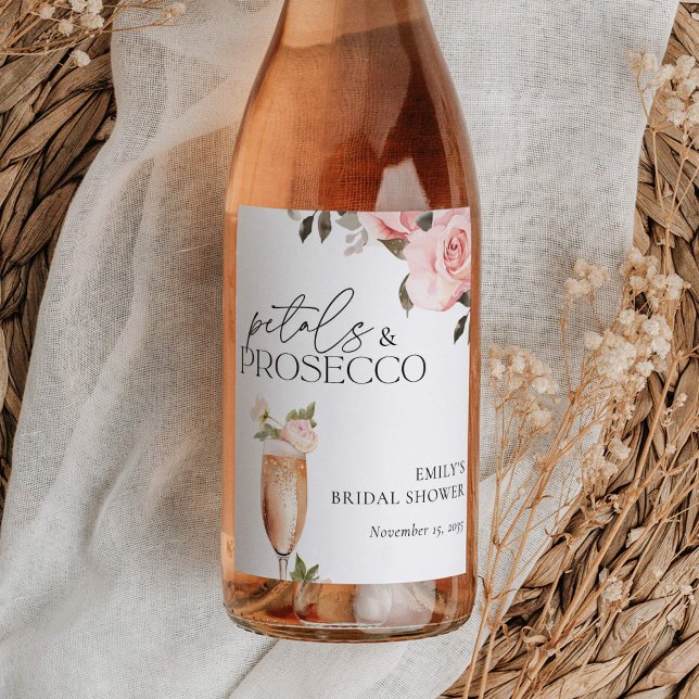Kronblad & Prosecco Blommig Bröllopsdusch Vinflaska Etikett (Skapare uppladdad)