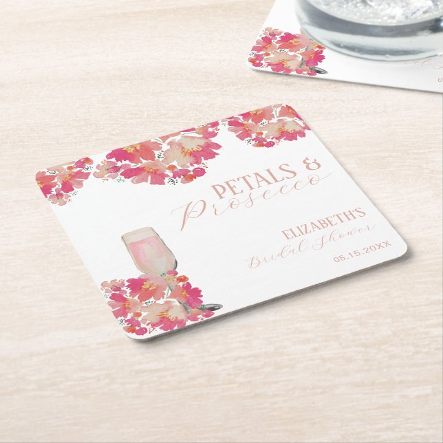 Kronblad & Prosecco Bröllopsdusch Blommig Rosa Underlägg Papper Kvadrat (Vinklad)