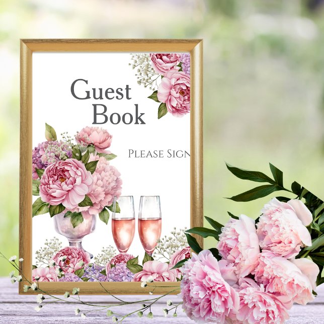 Kronblad & Prosecco Gästbok Bröllopsdusch skylt Inbjudningar (Petals & Prosecco Guest Book Bridal shower Sign)