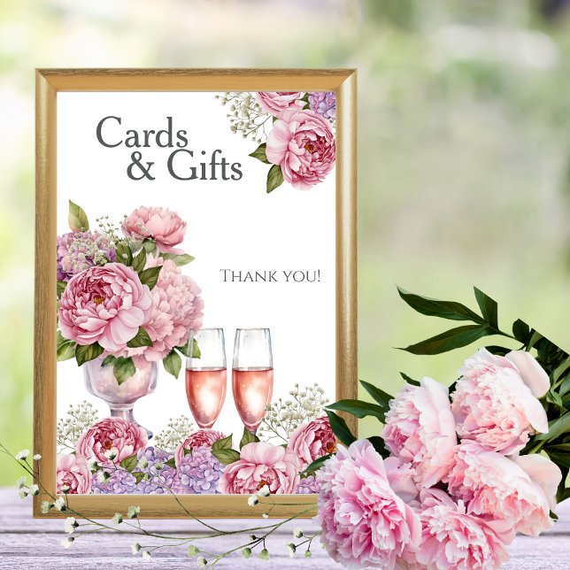 Kronblad & Prosecco "Kort & Gåvor" Skylt Inbjudningar (Petals & Prosecco "Cards & Gifts" Sign)