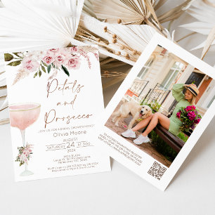 Kronblad Prosecco QR-kod Boho Blommig Bröllopsfest Inbjudningar