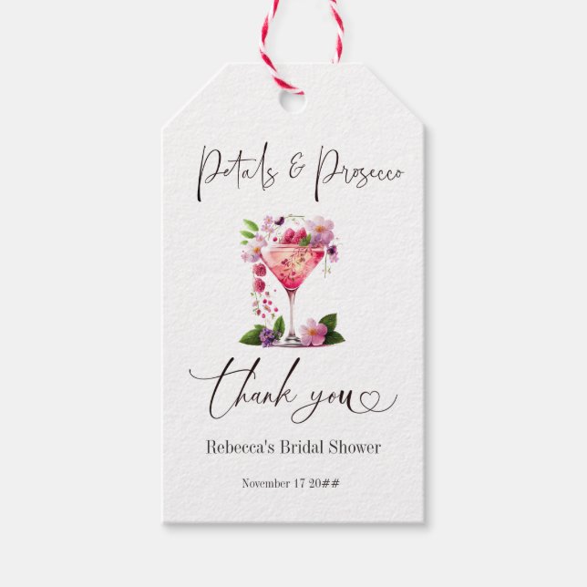 Kronblad & Prosecco Rosa Blommig Bröllopsdusch Presentetikett (Framsidan)