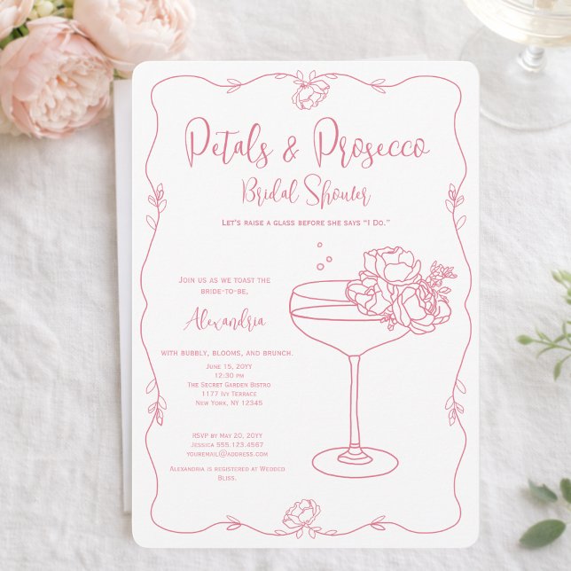 Kronblad Prosecco Rosa Handritad Bröllopsdusch Inbjudningar (Skapare uppladdad)