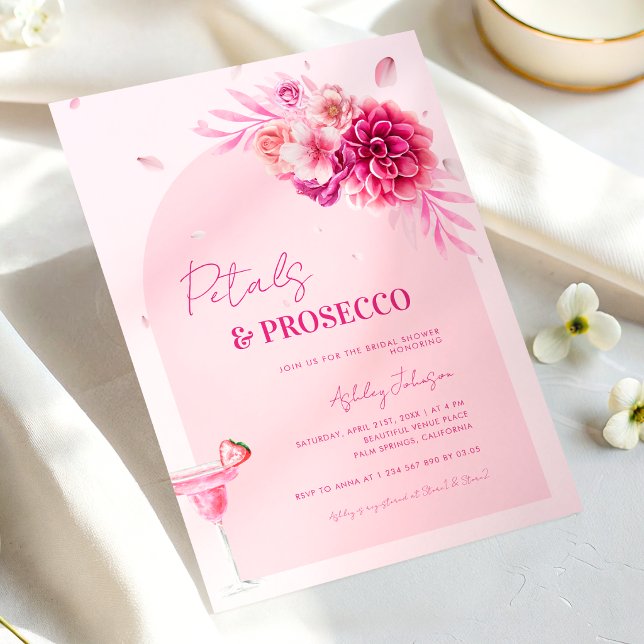 Kronblad & Prosecco Rosa Skript Blommig Bröllopsfe Inbjudningar (Skapare uppladdad)