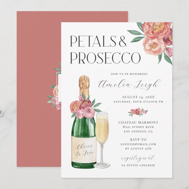 Kronblad & Prosecco Rosenskära Blommor Inbjudningar (Fram/baksida)
