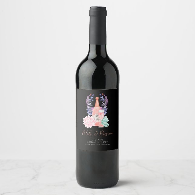 Kronblad & Prosecco Sukkulent Bröllopsdusch Vinflaska Etikett (Framsida)