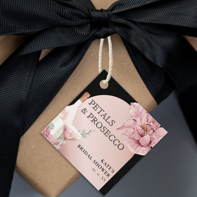 Kronblad & Prosecco Svart & Roséguld Bröllopsfest Gåvor Etiketter (Petals & Prosecco Black & Rose Gold Bridal Shower Favor Tags
)