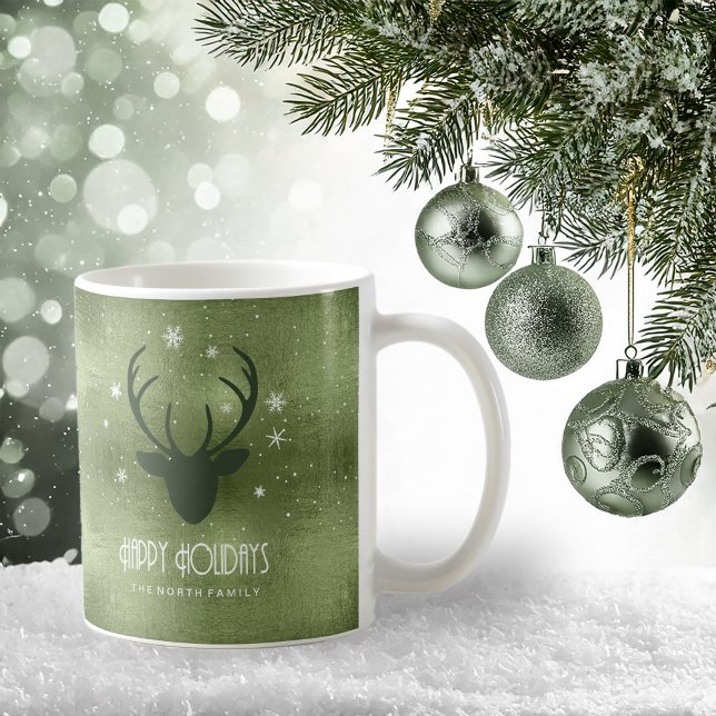 Kronhjortssilhuett & Snöflingor Grön ID861 Kaffemugg (Skapare uppladdad)