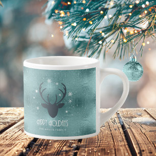 Kronhjortssilhuett & Snöflingor Teal ID861 Espressomugg