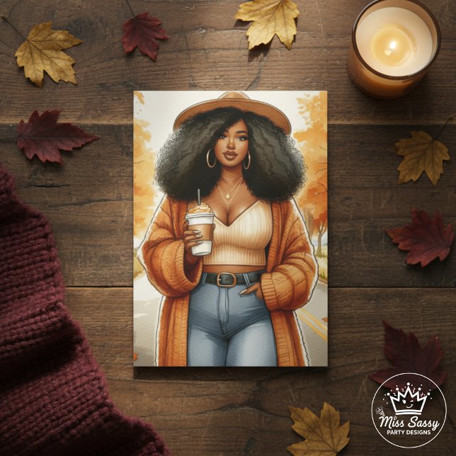 Kroppig Mysig Afroamerikansk Kvinna Thanksgiving Kort (Celebrate Thanksgiving with a chic Black woman card, cozy autumn leaves, warm vibes, and gratitude.)