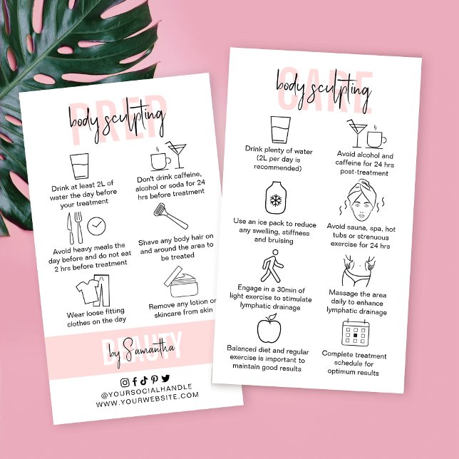 Kroppskulptering Eftervård Instruktioner för Rosa  Visitkort (Body sculpting pre and post-treatment care instructions cards in elegant design)