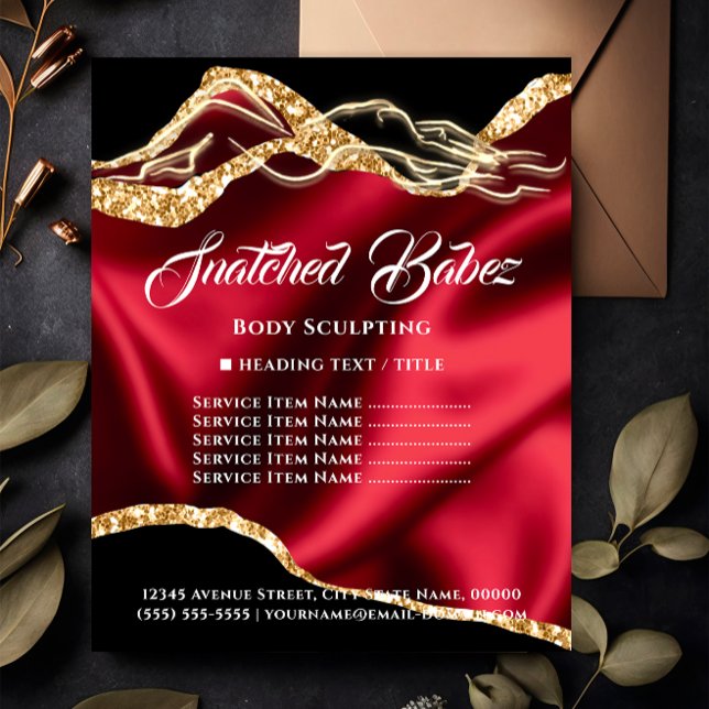 Kroppsmassage Skulptur Logo Guld Prislista Flygblad (Body Massage Sculpting Logo Gold Price List Flyer Service List FlorenceK Glitter Gold Effect SPA)