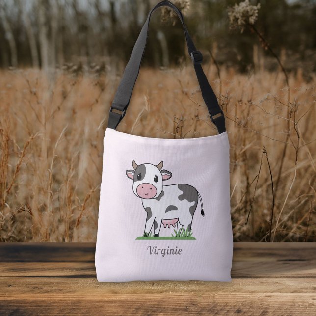 Kroppsskorsning rosa Tote Bag med en Cute Cow Axelväska (Crossbody pink Tote Bag with a Cute Cow)
