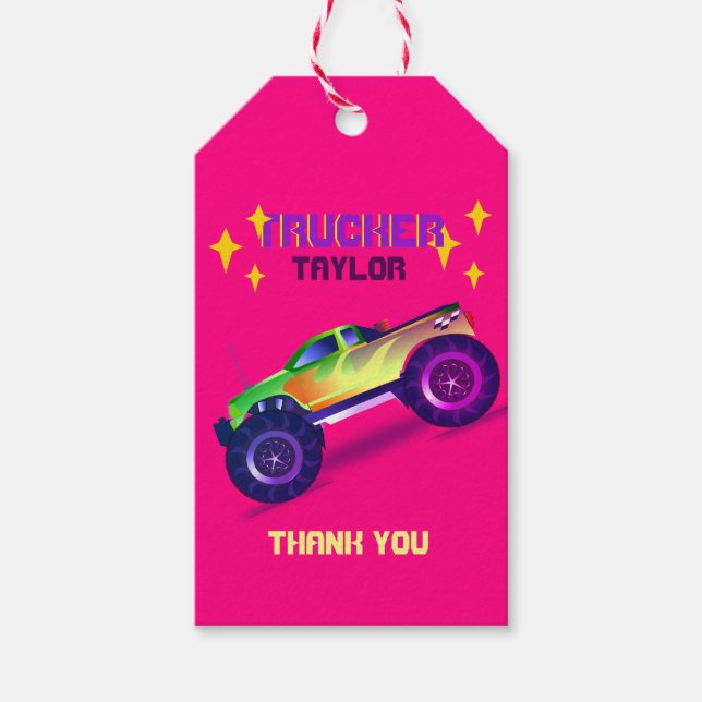 Krossa den MONSTER LASTBIL Girls Rosa Tack Presentetikett (Framsidan)