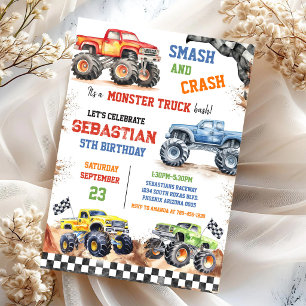 Krossa & krascha Det är Monster Truck Kalas Pojkfö Inbjudningar