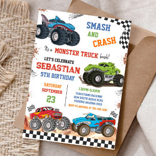 Krossa & krascha Det är Monster Truck Kalas Pojkfö Inbjudningar