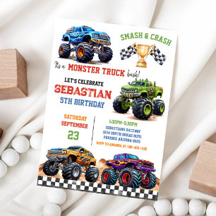 Krossa & krascha Det är Monster Truck Kalas Pojkfö Inbjudningar