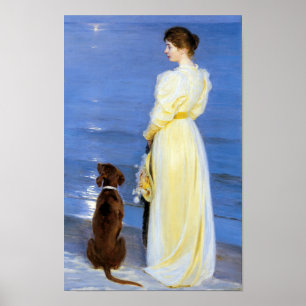 Kroyer - konstnärens fru och hund vid stranden poster
