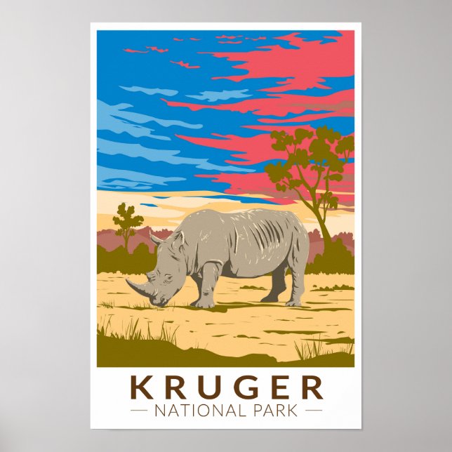 Kruger Nationalpark Vit Noshörning Resa Konst Poster (Framsidan)