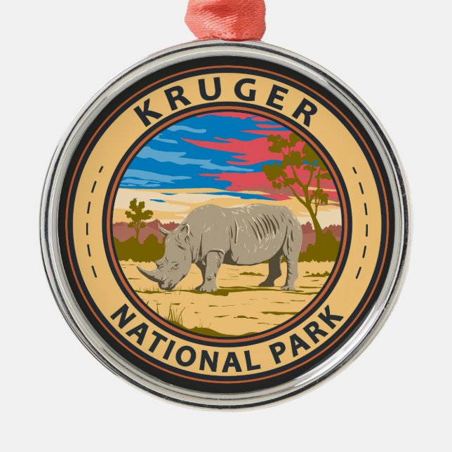 Kruger nationalpark White Rhinoceros Travel Art Julgransprydnad Metall (Framsidan)