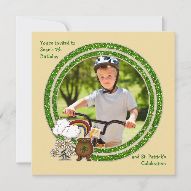 Kruka av guld - fotoSts Patrick födelsedag Inv för Inbjudningar (Framsida)