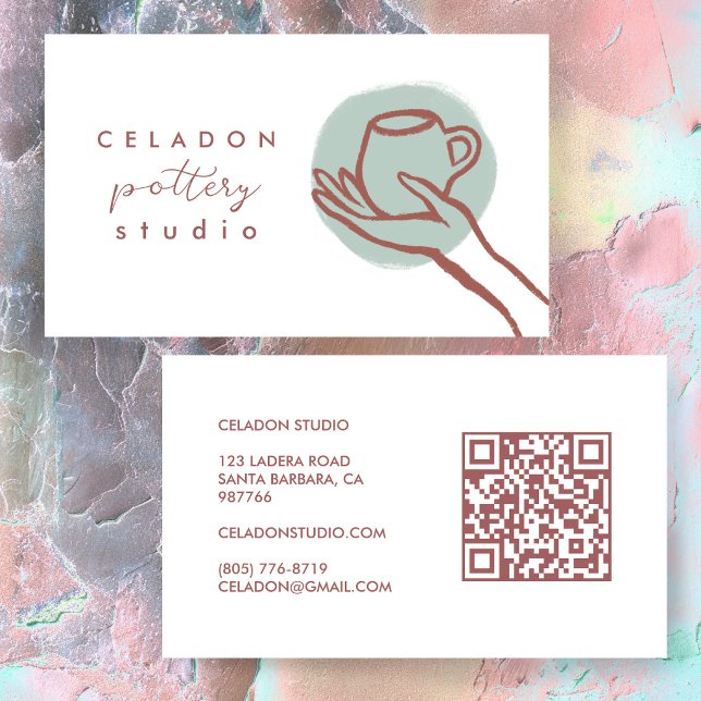 KRUKMAKERI Keramikstudio Elegant Handritad QR-kod Visitkort (POTTERY Ceramics Studio Elegant Hand-drawn QR Code Ceramicist Clay Artist Business Card
)