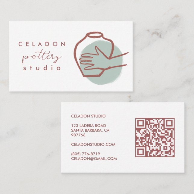 KRUKMAKERI Keramikstudio Elegant Handritad QR-kod Visitkort (Fram/baksida)