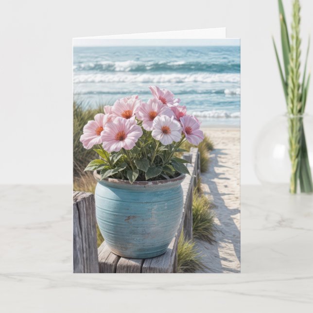 Krukväxt på stranden med rosa petunior kort (Framsida)
