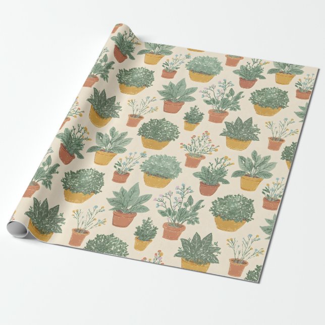 Krukväxter Blommor Botanisk Illustrationsstil Presentpapper (Utrullad)