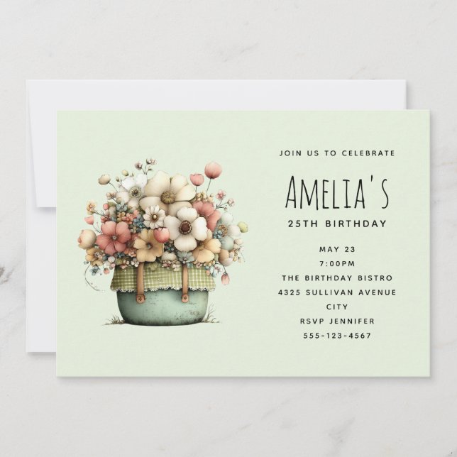 Krukväxter Mysig Shabby Chic Söt Födelsedag Inbjudningar (Framsida)