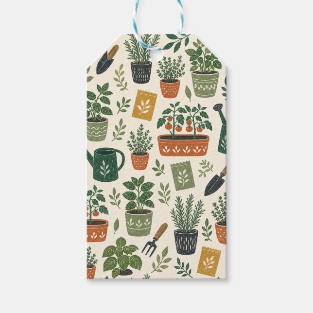 Krukväxter örter och tomatträdgård botaniskt mönst presentetikett (Framsidan)