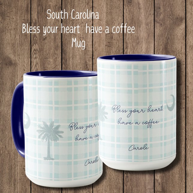 Krus South Carolina-mugg med palmer och måne  Mugg (Bless Your Heart, Have a Coffee mug. Personalize to make it your own. South Carolina Flag with plaid)