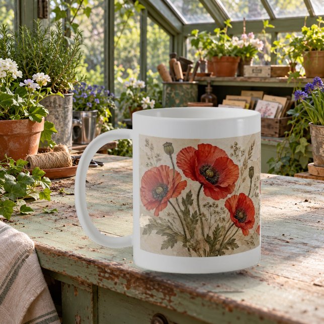 Krusade Vallmos Krusad Blomster Collage Mugg (Pressed Poppies Pressed Flower Collage Mug — refined lighting and contact shadows. Digital lifestyle preview.)