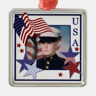 KRW Anpassningsbar Photo Patriotic USA flagga Orna Julgransprydnad Metall