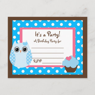 KRW Brown och Blue Polka Dot Uggla Blank Party Inb Inbjudningar