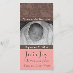 KRW Elegant Rosa Anpassningsbar Photo Birth Notice Meddelande