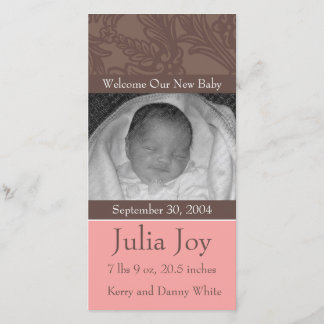 KRW Elegant Rosa Anpassningsbar Photo Birth Notice Meddelande