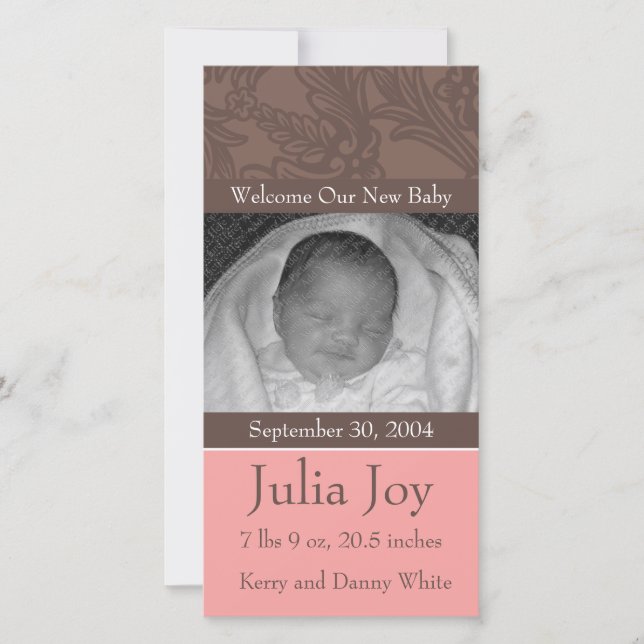 KRW Elegant Rosa Anpassningsbar Photo Birth Notice Meddelande (Framsida)