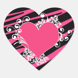 KRW Heart and Swirls Zebra Rosa och svart Sticker Hjärtformat Klistermärke