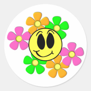 KRW Retro Smile Ansikte och Neon Flowers Runt Klistermärke