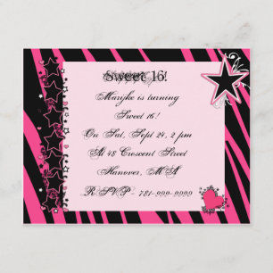KRW Sweet 16 Rosa Zebra tryck Heart Stars födelsed Inbjudningar