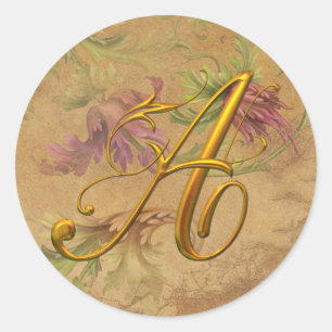 KRW Vintage Blommigt Guld A Monogram Bröllop säl Runt Klistermärke