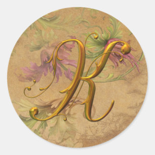 KRW Vintage Blommigt Guld K Monogram Bröllop säl Runt Klistermärke